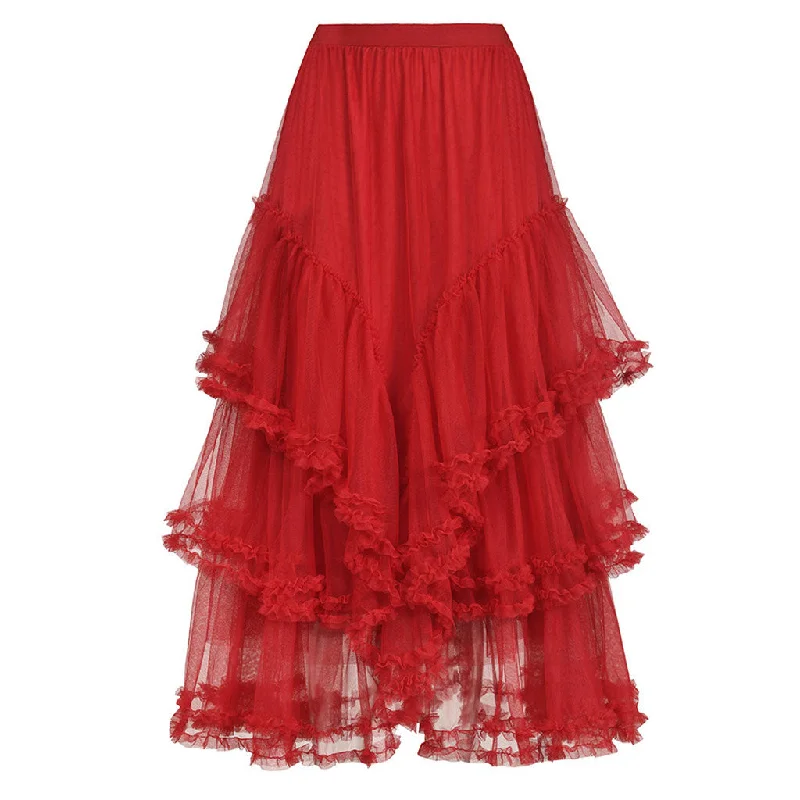 Fairy Ruched High Waist Stringy Selvedge Trim Ruffled Tiered Tulle Midi Skirt