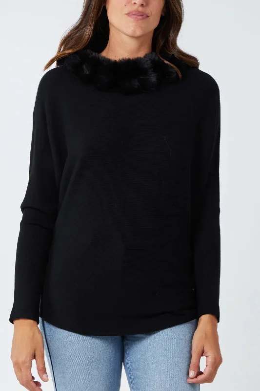 Fur collar batwing jumper