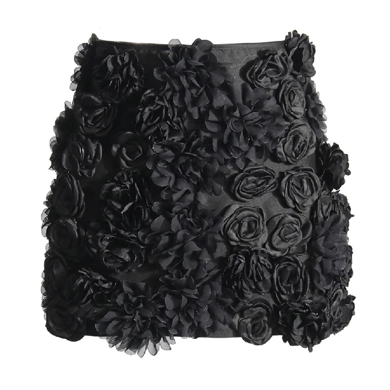 Romantic Solid Color High Waist A Line 3D Rosette Applique Mini Skirt