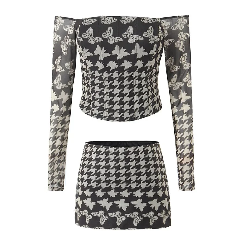 Sexy Butterfly Houndstooth Print Low Waist Bodycon Mini Mesh Skirt