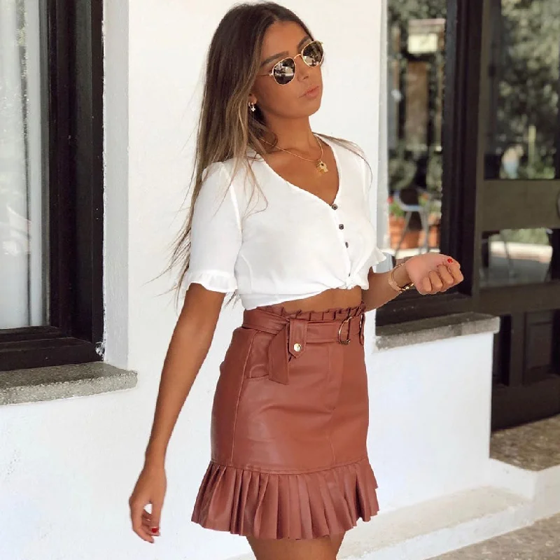 Vintage Belted High Waist Leather Mini Pleated Skirt - Chocolate