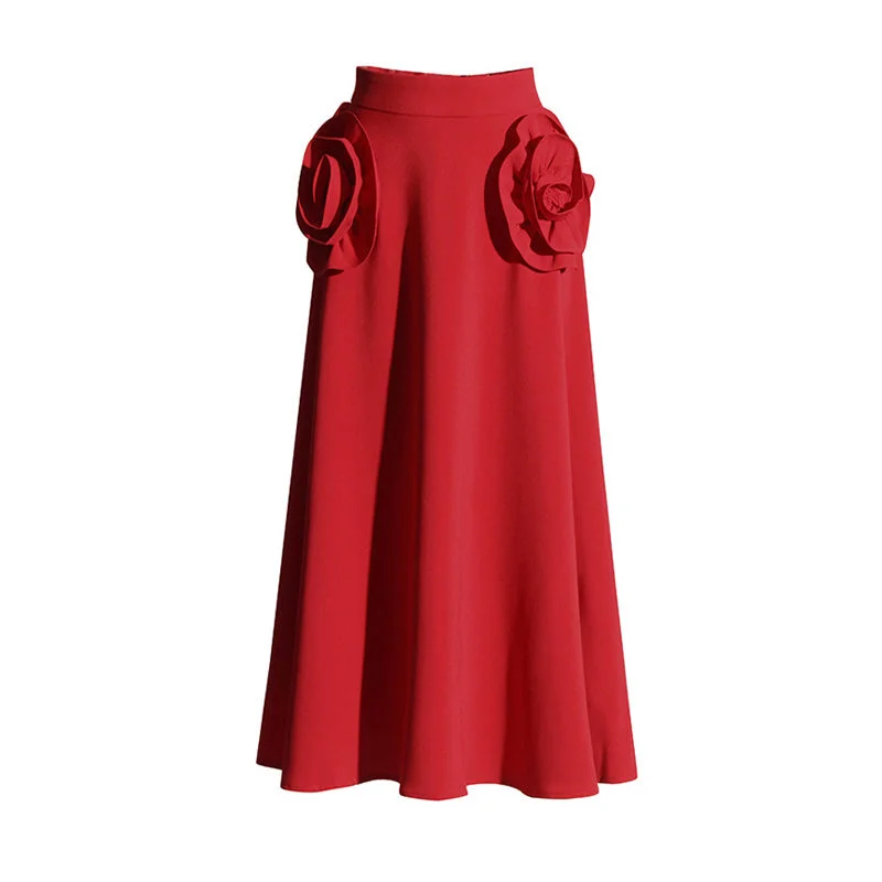 Vintage High Waist Swirl Rosette Embellished Flared A Line Crepe Midi Skirt