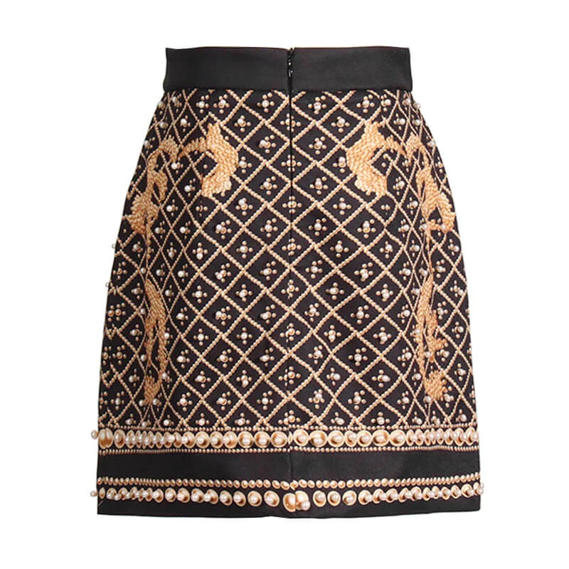 Vintage Imitated Pearl Baroque Print High Waist A Line Mini Skirt