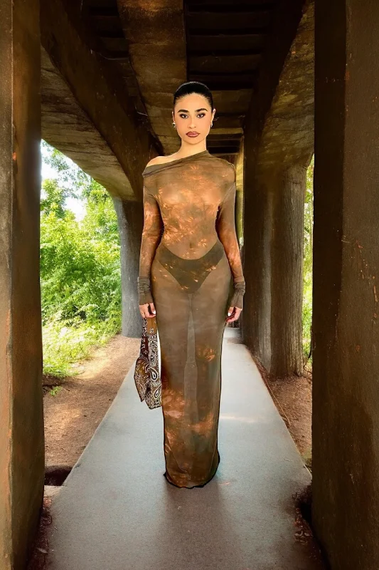 #2.  Slash Neck Long Sleeve See Through Maxi Dress