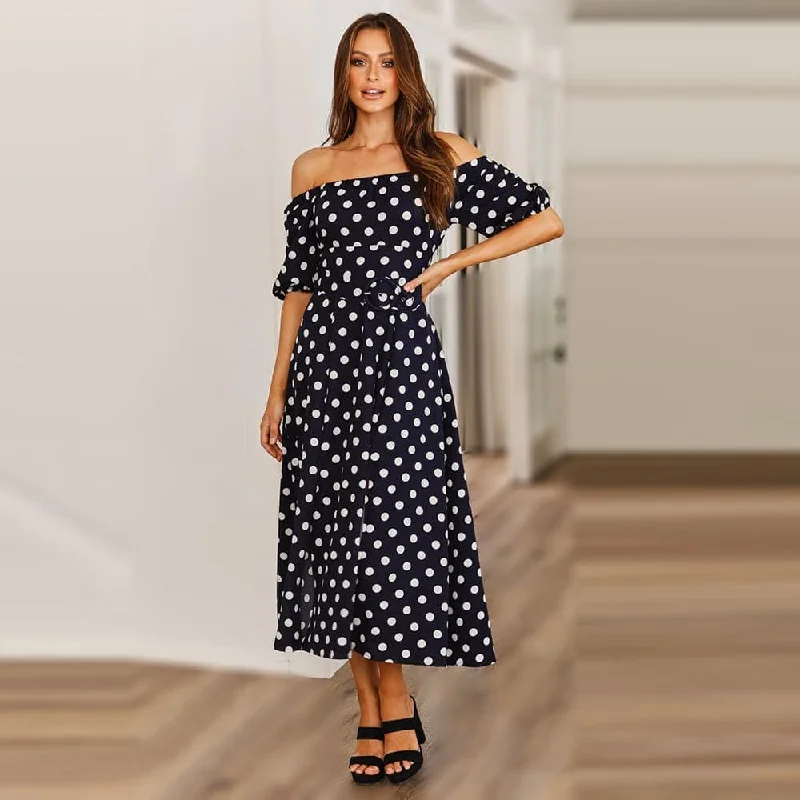 DressBetty - Summer skirt women's word collar strapless polka dot belt print dress