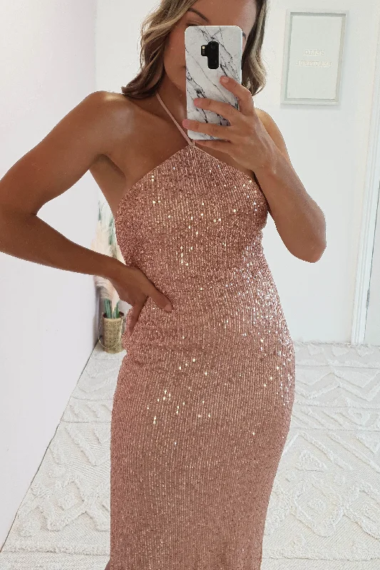 Brayson Halter Neck Sequin Gown | Rose Gold