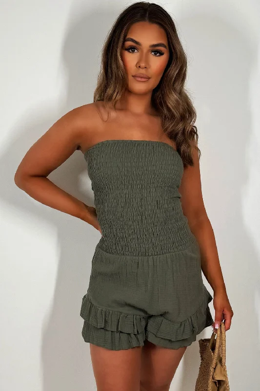 Cheesecloth Bandeau Shirred Playsuit Khaki