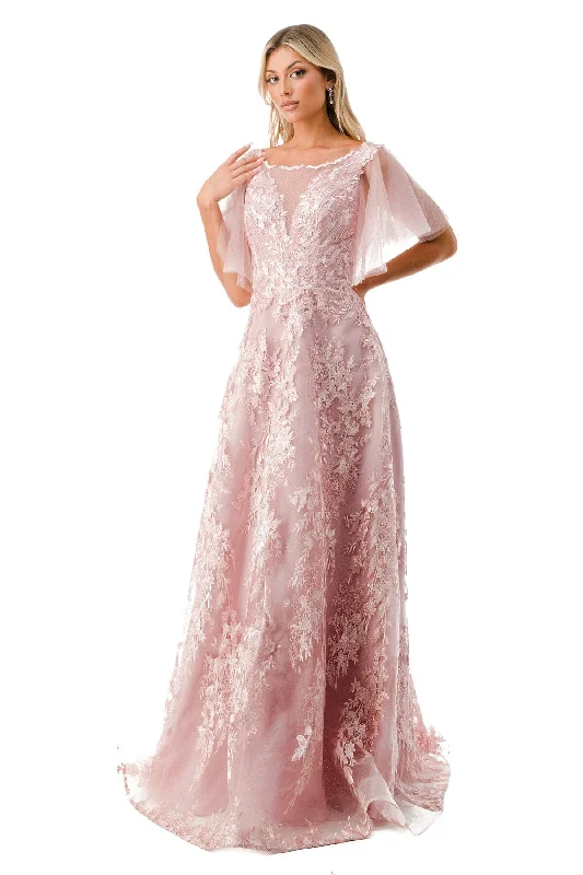 Floral Applique Flutter Sleeve Gown by Coya M2818M