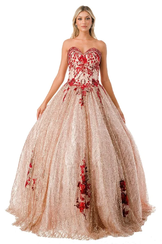 Floral Applique Strapless Glitter Ball Gown by Coya L2730