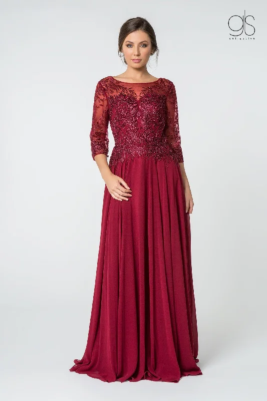 Long Embroidered Bodice Dress with 3/4 Sleeves by Elizabeth K GL2810