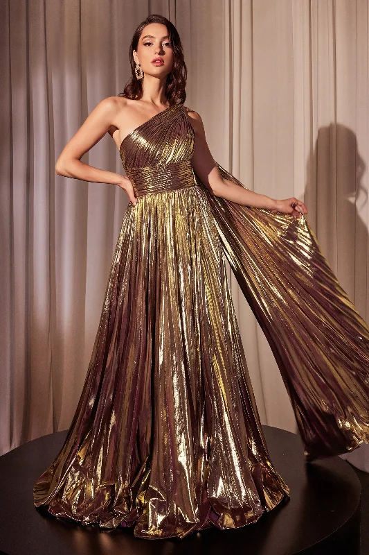 Metallic One Shoulder A-line Gown by Ladivine J874