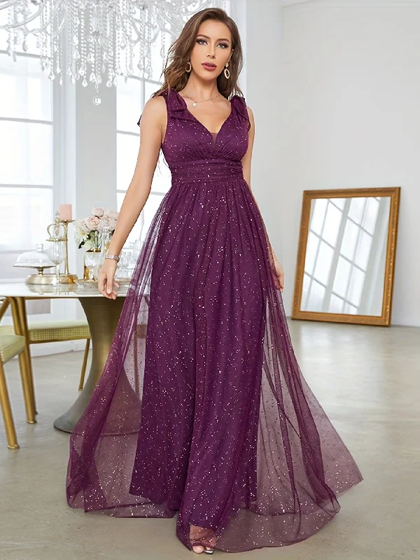 New design mesh sequin Ladies  elegant deep V edge Bridesmaid dress