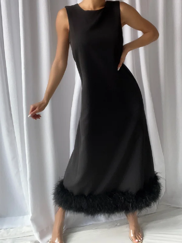 PIUME Maxi Dress w Feathers In Black