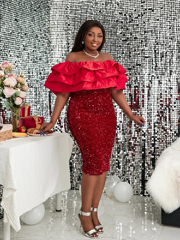 Red Off Shoulder Ruffles Sequin Dress