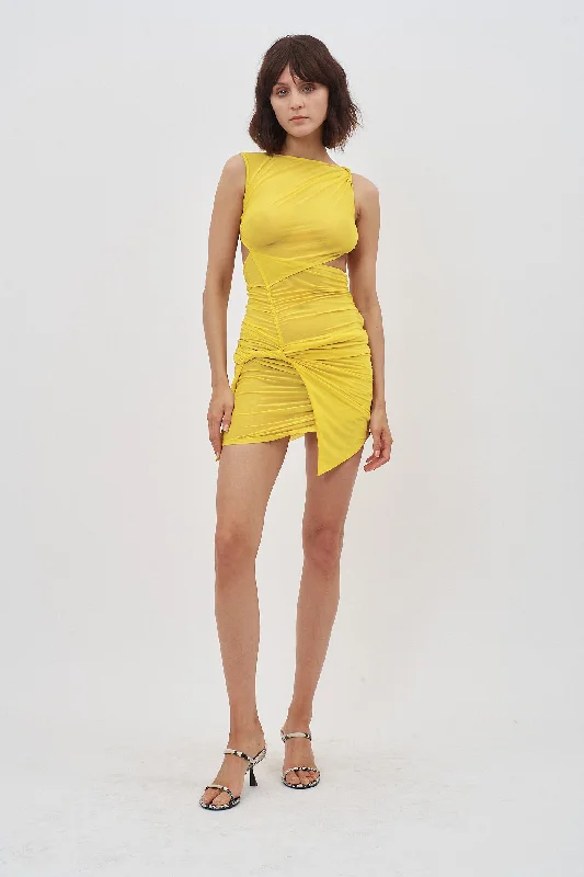 Ruched Yellow Mini Dress With Twist