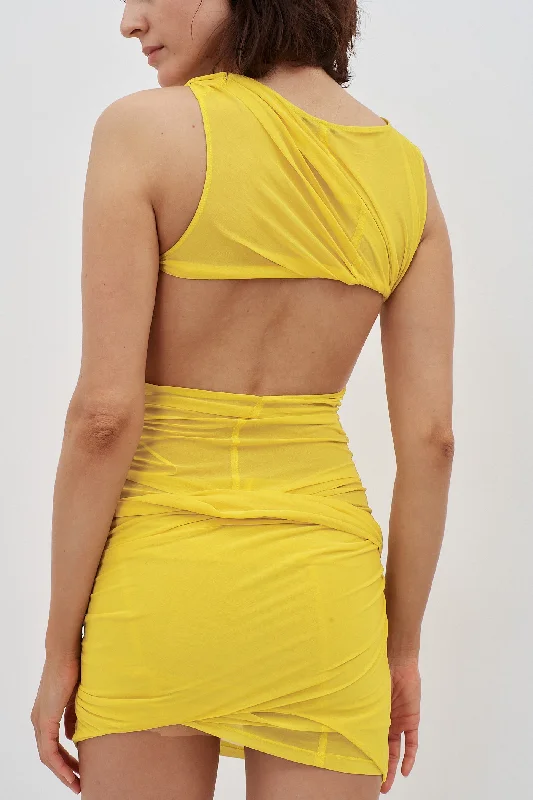 Ruched Yellow Mini Dress With Twist