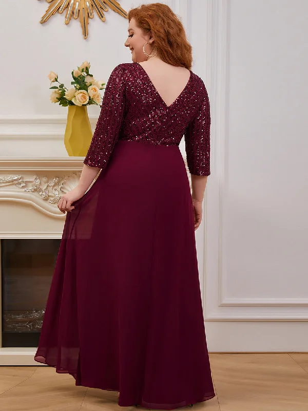 Sexy V Neck Pretty A-Line Sequin Wholesale Evening Dresses With 3/4 Sleeve