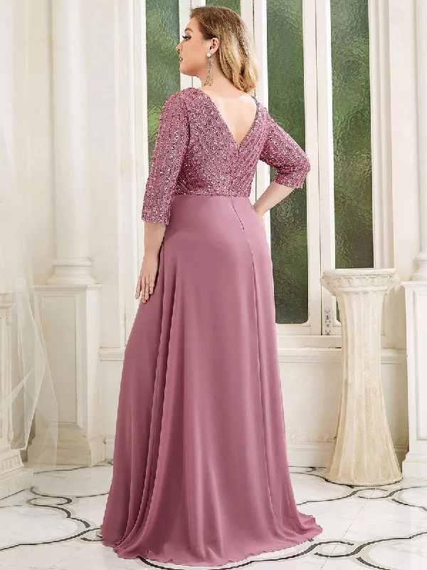 Sexy V Neck Pretty A-Line Sequin Wholesale Evening Dresses With 3/4 Sleeve