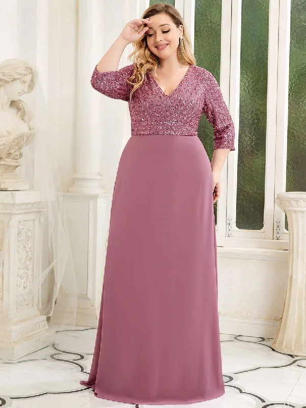 Sexy V Neck Pretty A-Line Sequin Wholesale Evening Dresses With 3/4 Sleeve