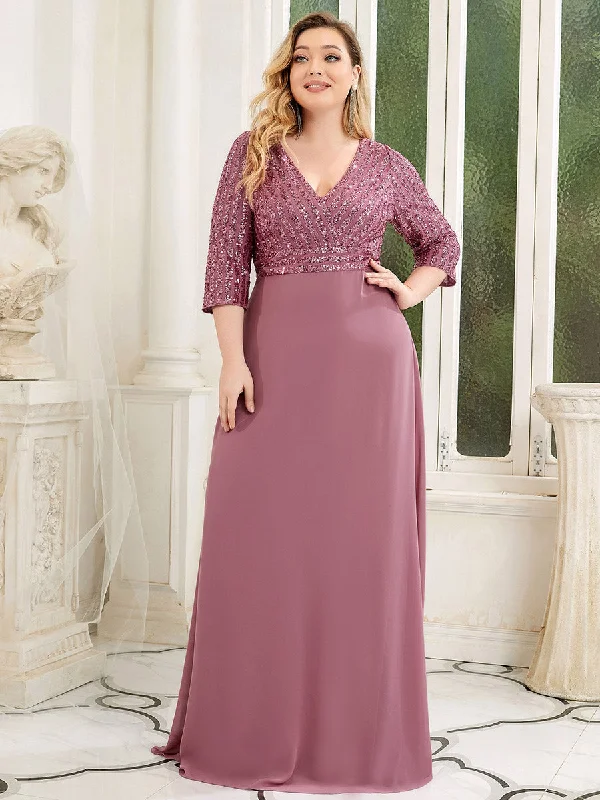 Sexy V Neck Pretty A-Line Sequin Wholesale Evening Dresses With 3/4 Sleeve