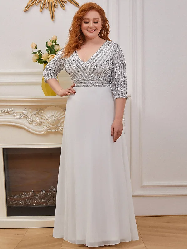 Sexy V Neck Pretty A-Line Sequin Wholesale Evening Dresses With 3/4 Sleeve