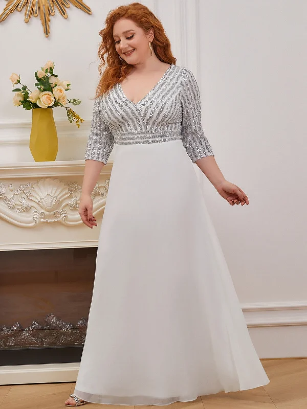 Sexy V Neck Pretty A-Line Sequin Wholesale Evening Dresses With 3/4 Sleeve