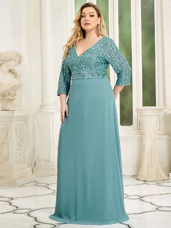 Sexy V Neck Pretty A-Line Sequin Wholesale Evening Dresses With 3/4 Sleeve