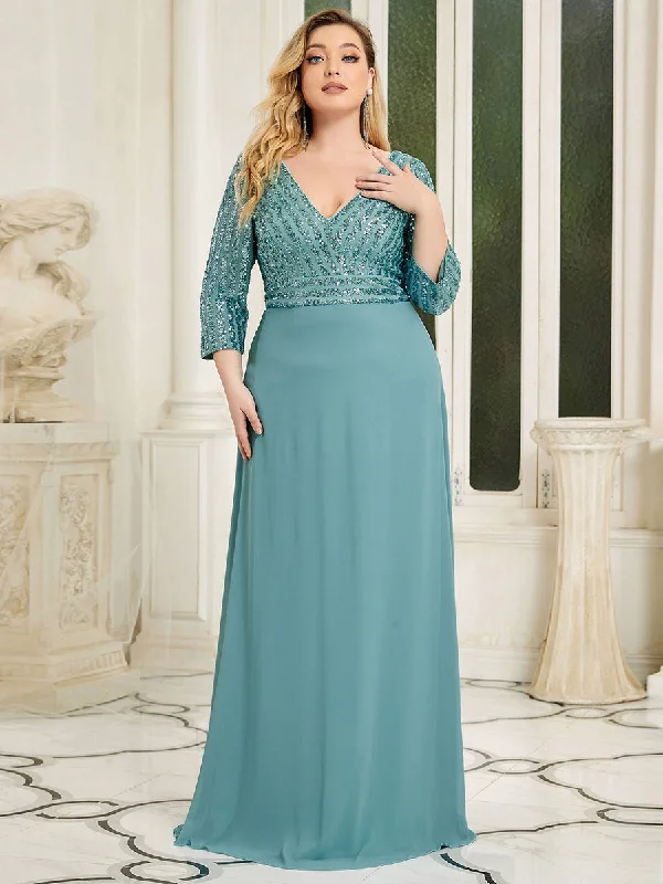 Sexy V Neck Pretty A-Line Sequin Wholesale Evening Dresses With 3/4 Sleeve