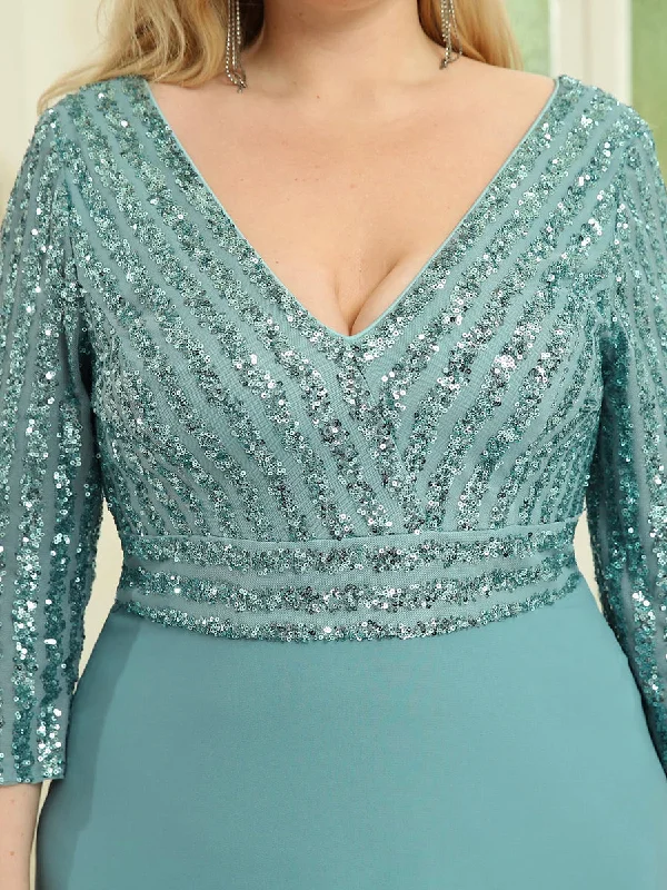 Sexy V Neck Pretty A-Line Sequin Wholesale Evening Dresses With 3/4 Sleeve