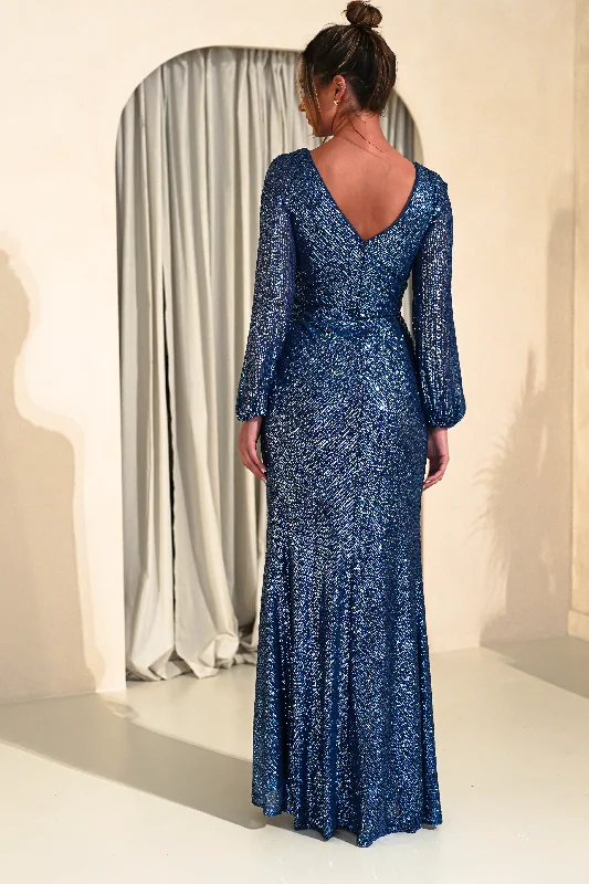 Sharley Sequin Long Sleeve Gown | Lapis Blue