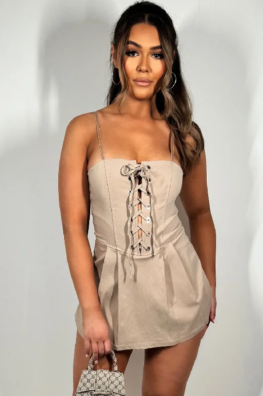 Skort Dress With Lace Up Front Beige