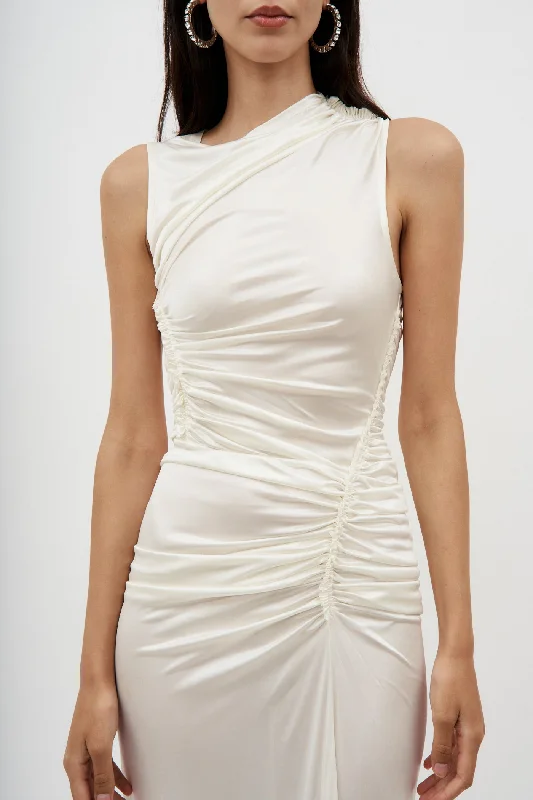 Sleeveless White Ruched Gown