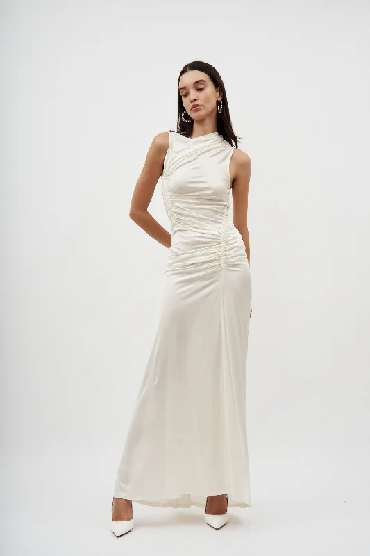 Sleeveless White Ruched Gown