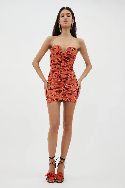 Strapless Ruched Bustier Red Floral Print Mini Dress