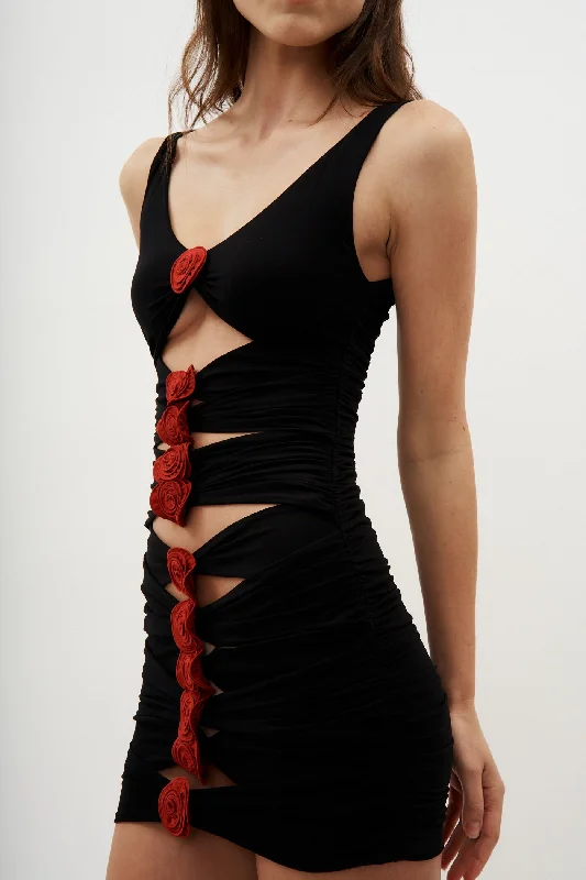 V Neck Bandage Red Roses Black Dress