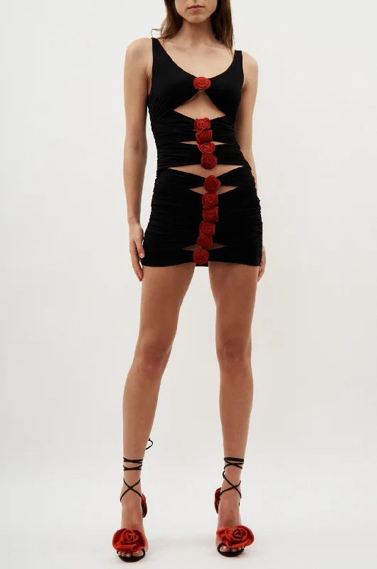 V Neck Bandage Red Roses Black Dress