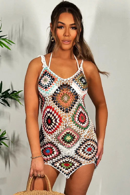 White Crochet Dress With Colourful Patch Work