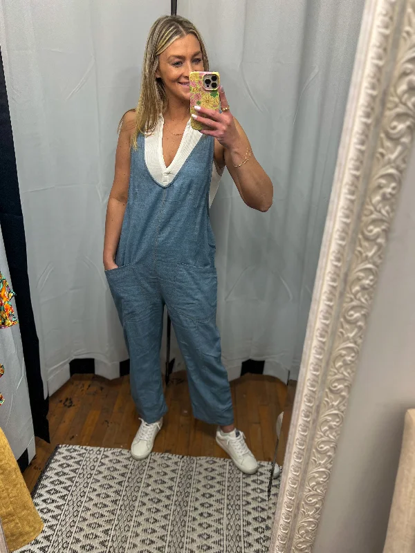 Denim Chambray Overall Patch Pocket Jumpsuit