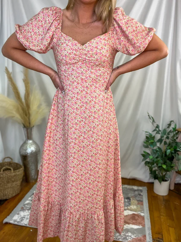 Pink Floral Puff Sleeve Open Tie Back Dress