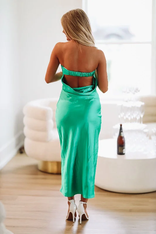 Wedding Guest Satin Midi Dress - Green