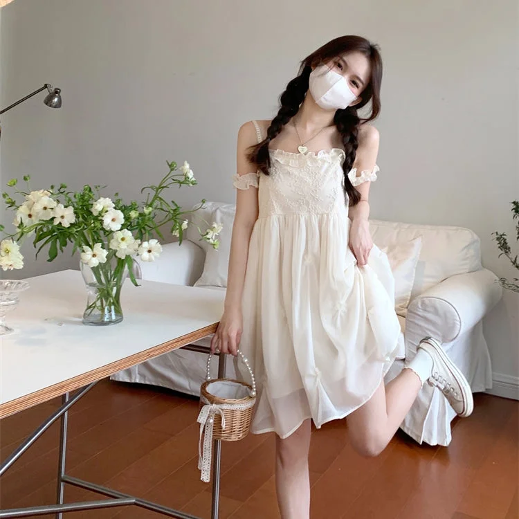 Women's Korean Style Lace Splice Ruffled Slip Dress