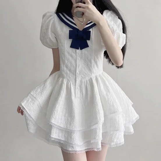 Women's Lolita Sailor Collar Layered Ruffled Dress